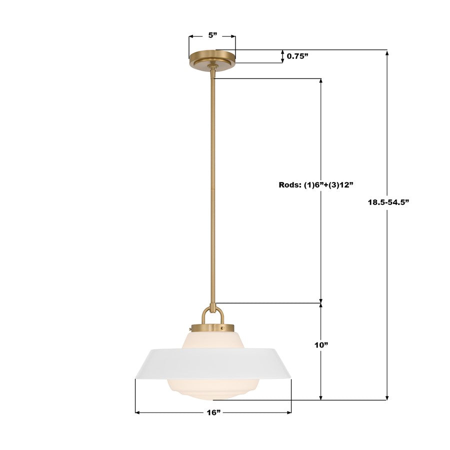 Crystorama Xander 1 Light 16" Pendant, Vibrant Gold/White