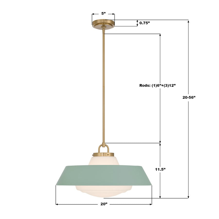 Crystorama Xander 3 Light 20" Pendant, Vibrant Gold/Green/White