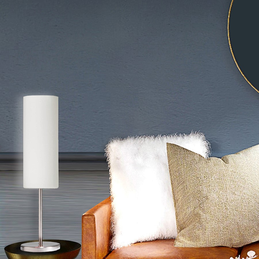 Dainolite 6in 1-Light Table Lamp | Modern Satin Chrome and White Frosted Glass | Bedroom & Office Accent | 6 x 6 x 21 in | Model 83205-SC-WH