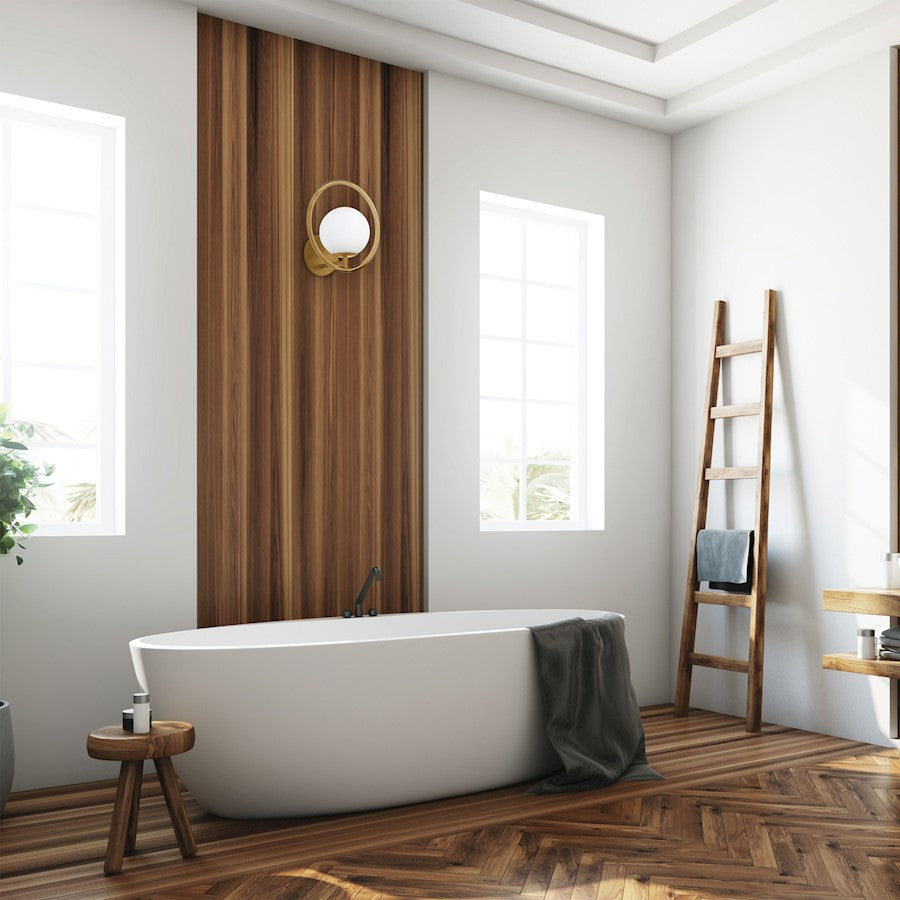 Dainolite Adrienna 1-Light Wall Sconce | Modern Aged Brass Metal and White Glass | Bedroom & Bathroom Accent | 7.5 x 10 x 10 in | Model ADR-91W-AGB