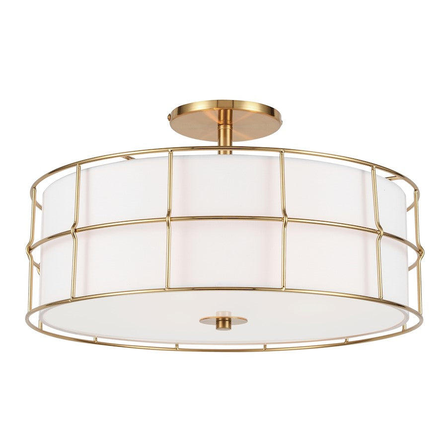 Dainolite Alcala 16in 3-Light Semi-Flush Mount | Transitional Aged Brass and White Fabric Drum Shade | Entryway & Hallway | Model ALC-163SF-AGB