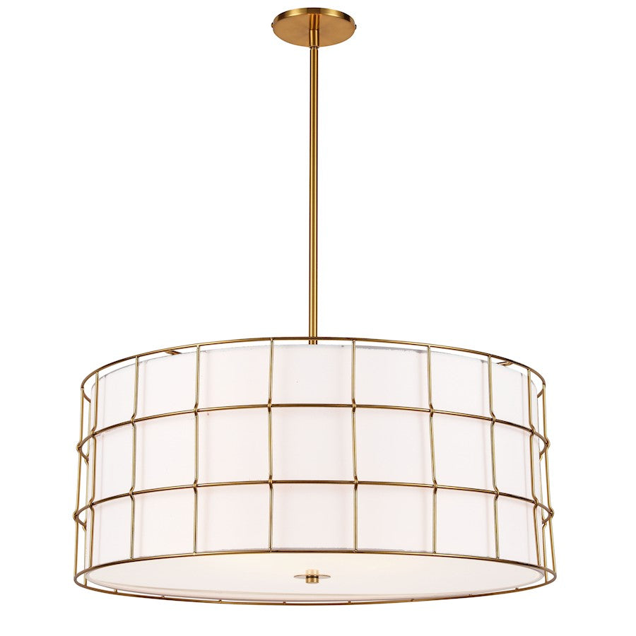 Dainolite Alcala 25in 4-Light Pendant | Transitional Aged Brass and White Fabric Shade | Kitchen Island & Dining Room | 25 x 25 x 10 | Model ALC-254P-AGB