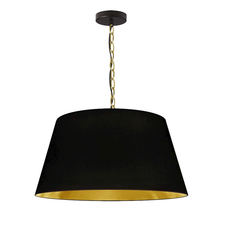 Dainolite Brynn 20in 1-Light Pendant | Transitional Black Metal and Aged Brass with Gold Fabric Drum Shade | Kitchen Island & Dining | Model BRY-M-AGB-698