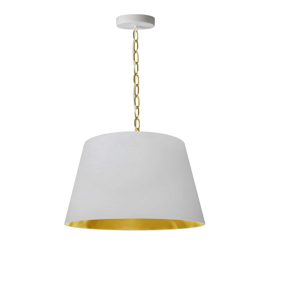 Dainolite Brynn 14in 1-Light Pendant | Transitional White Metal and Aged Brass with Gold Fabric Shade | Kitchen Island & Dining Room | Model BRY-S-AGB-692
