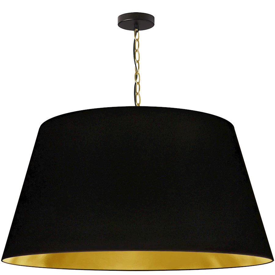 Dainolite Brynn 32in 1-Light Pendant | Transitional Black and Aged Brass Metal with Gold Fabric Drum Shade | Kitchen Island & | Model BRY-XL-AGB-698