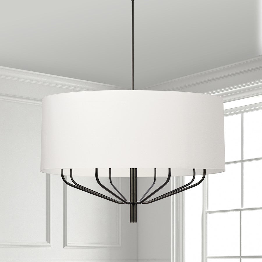 Dainolite Eleanor 38in 8-Light Chandelier | Modern Matte Black and White Fabric Drum | Dining Room & Living Room | Model ELN-388C-MB-790
