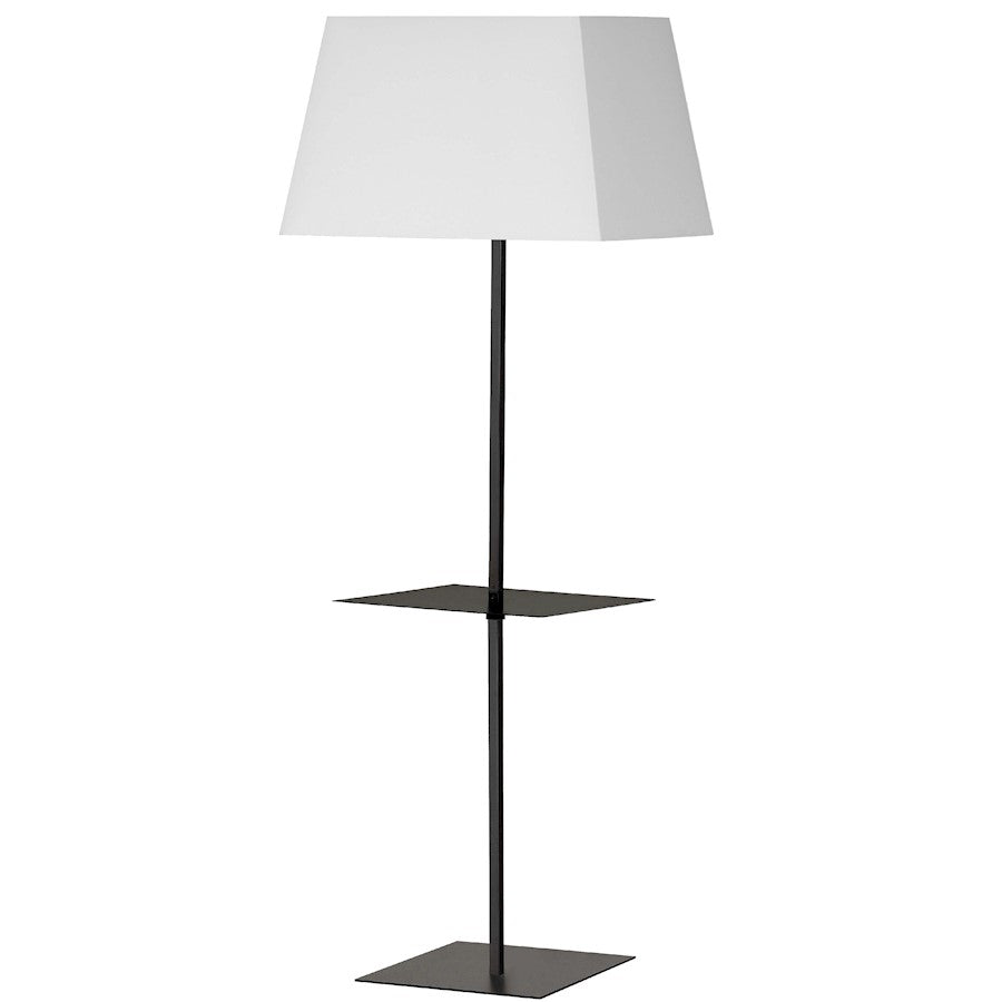 Dainolite Gretchen 26in Square Floor Lamp with Shelf | Transitional Matte Black and White Fabric Shade | Office & Bedroom | Model GTC-S641F-MB-WH