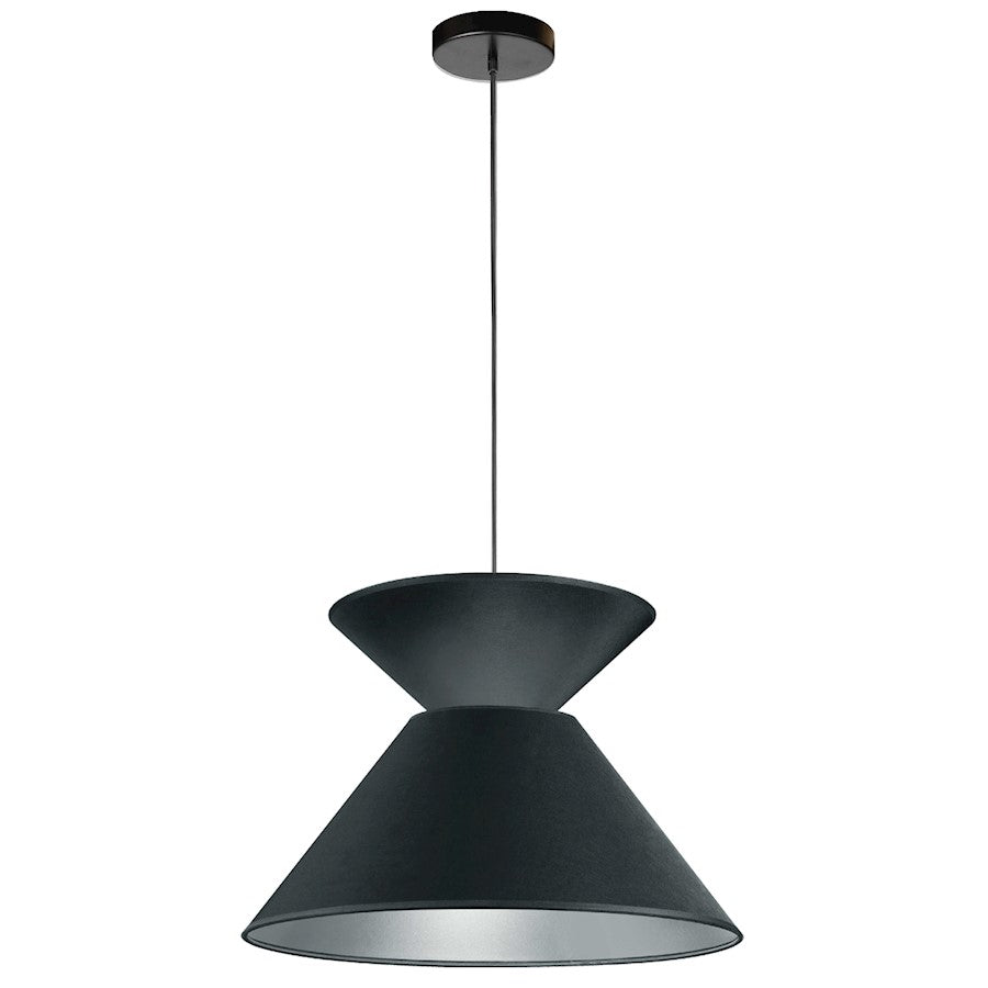 Dainolite Patricia 18in 1-Light Pendant | Transitional Black Metal and Silver Fabric Drum Shade | Kitchen Island & Dining Room | Model PAT-181P-BK-697