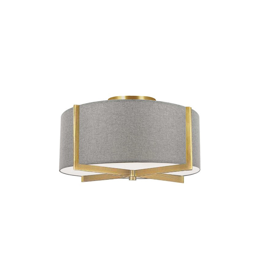 Dainolite Preston 15in 3-Light Semi-Flush Mount | Contemporary Aged Brass and Grey Fabric | Bedroom & Hallway | Model PST-153SF-AGB-GRY
