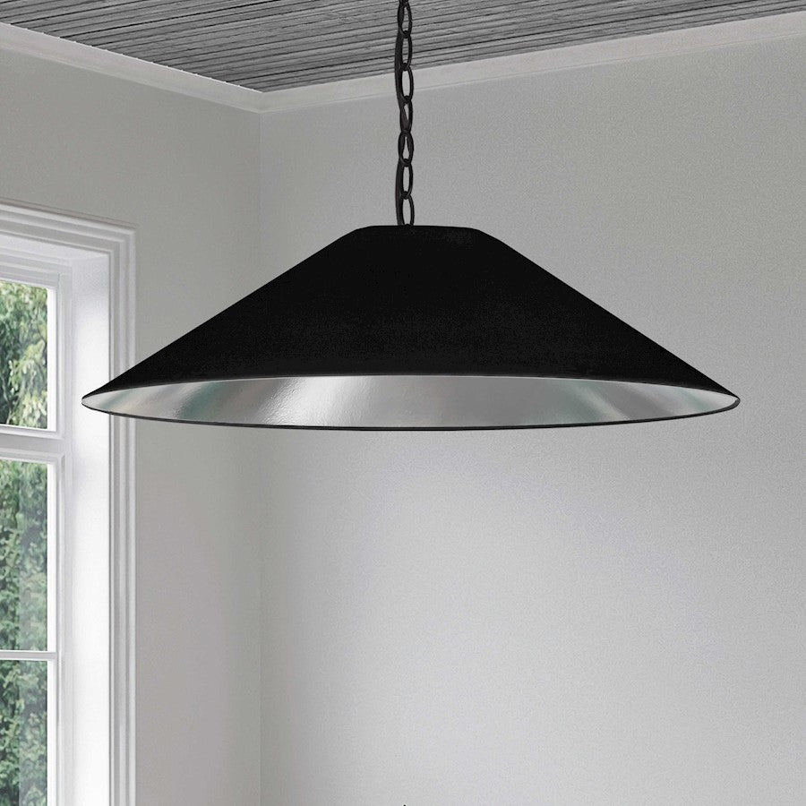Dainolite Presley 32in 1-Light Large Pendant | Transitional Black & Silver Fabric and HardBack Shade | Kitchen Island & Dining Room | Model PSY-L-MB-697