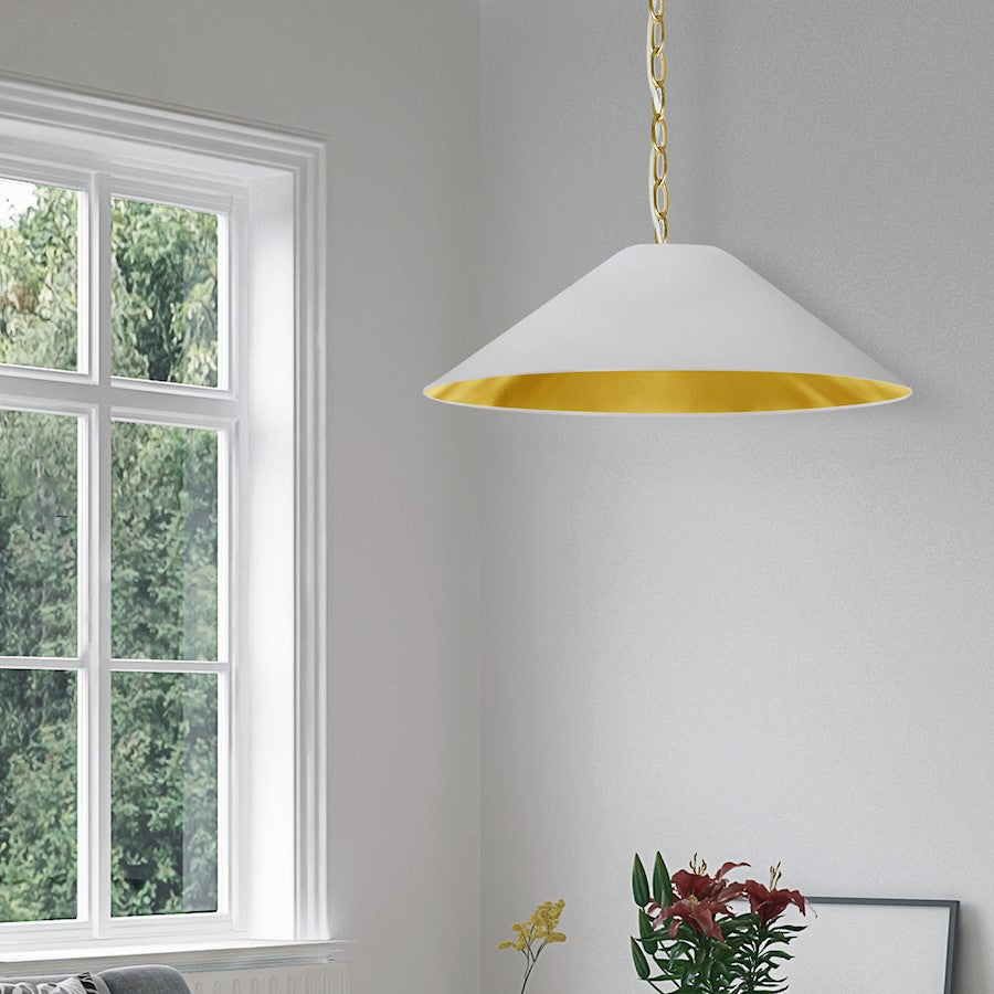 Dainolite Presley 26in 1-Light Medium Pendant | Transitional White & Gold Fabric and Aged Brass Metal | Kitchen Island & Dining Room | Model PSY-M-AGB-692