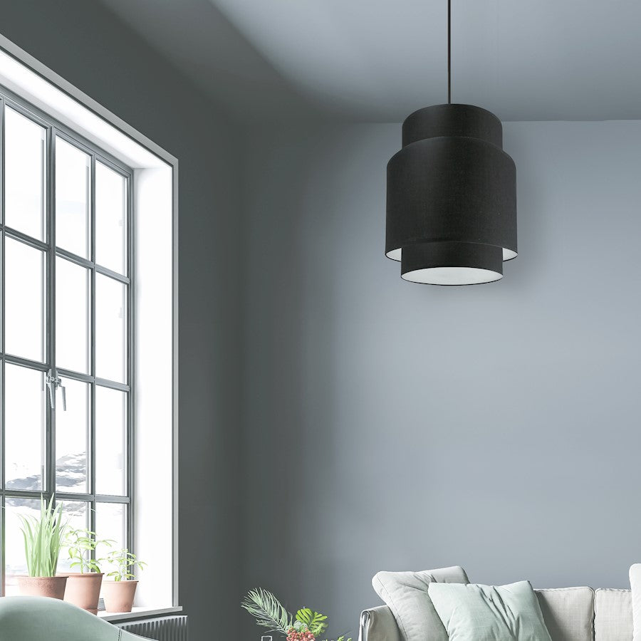 Dainolite Priya 10in 1-Light Pendant | Contemporary Matte Black and Black Fabric HardBack Drum Shade | Kitchen Island & Dining Room | Model PYA-141P-MB-BK