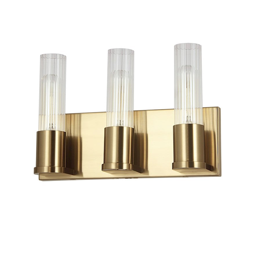 Dainolite Tube 12.75in 3-Light Vanity Light | Contemporary Aged Brass and Clear Fluted Glass | Bathroom & Powder Room | Model TBE-123W-AGB
