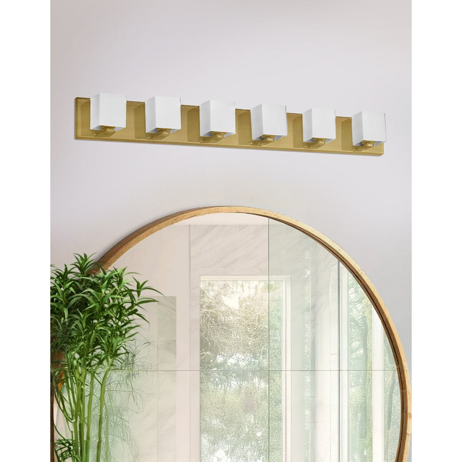 Dainolite Verona 36in 6-Light Vanity | Modern Aged Brass and White Glass | Bathroom Vanity | 4 x 36 x 4 in | Model V1230-6W-AGB