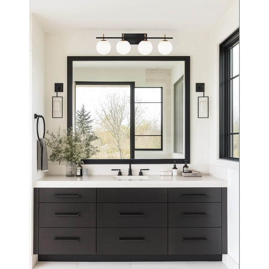 Dainolite Vivaldi 32in 4-Light Vanity Light | Transitional Matte Black and Aged Brass with White Glass | Bathroom & Powder | Model VAD-324W-MB-AGB