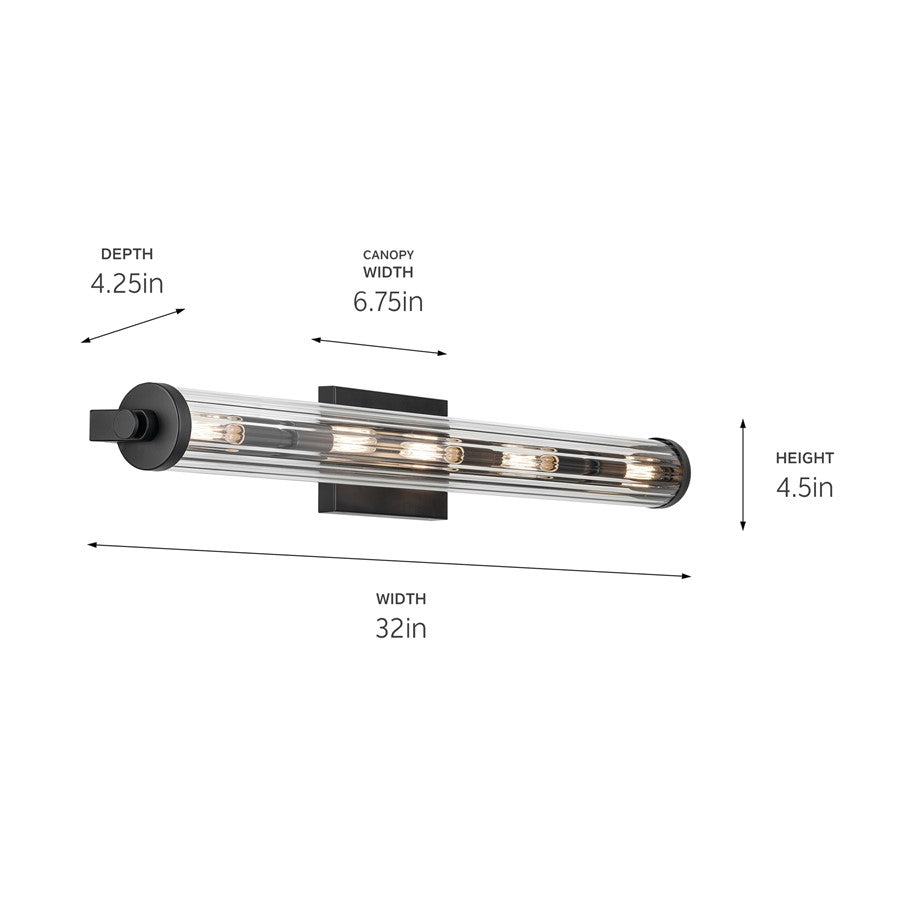 Kichler Azores 32in 5-Light Linear Vanity Light | Industrial Black Steel & Clear Fluted Glass | Bathroom & Powder Room Lighting | E12 Bulbs | Model 45650BK