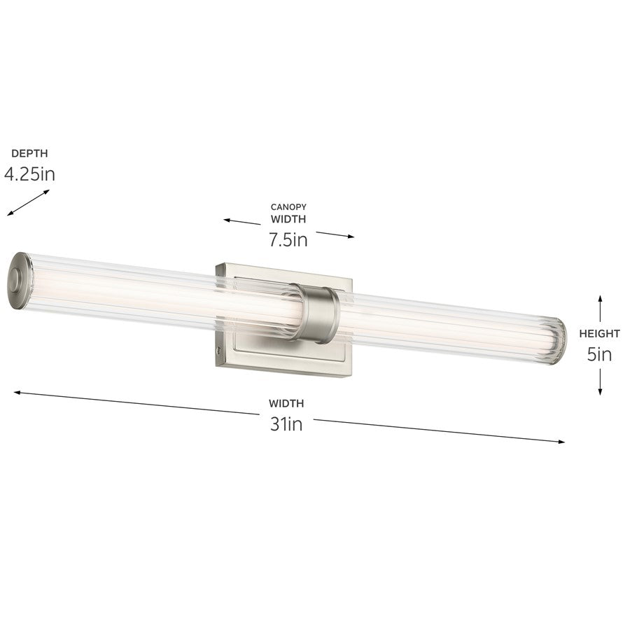 Kichler Laurene 2 Light Linear Bath Large, Nickel/Clear Fluted