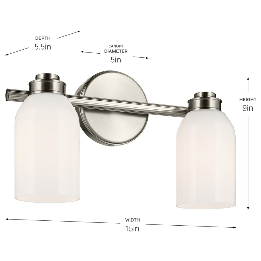 Kichler Shae 2-Light 15in Vanity Light | Brushed Nickel Steel & Cased Opal Glass | Bathroom Vanity Lighting | 2 Bulbs, 120V Dimmable | Model 55201NI