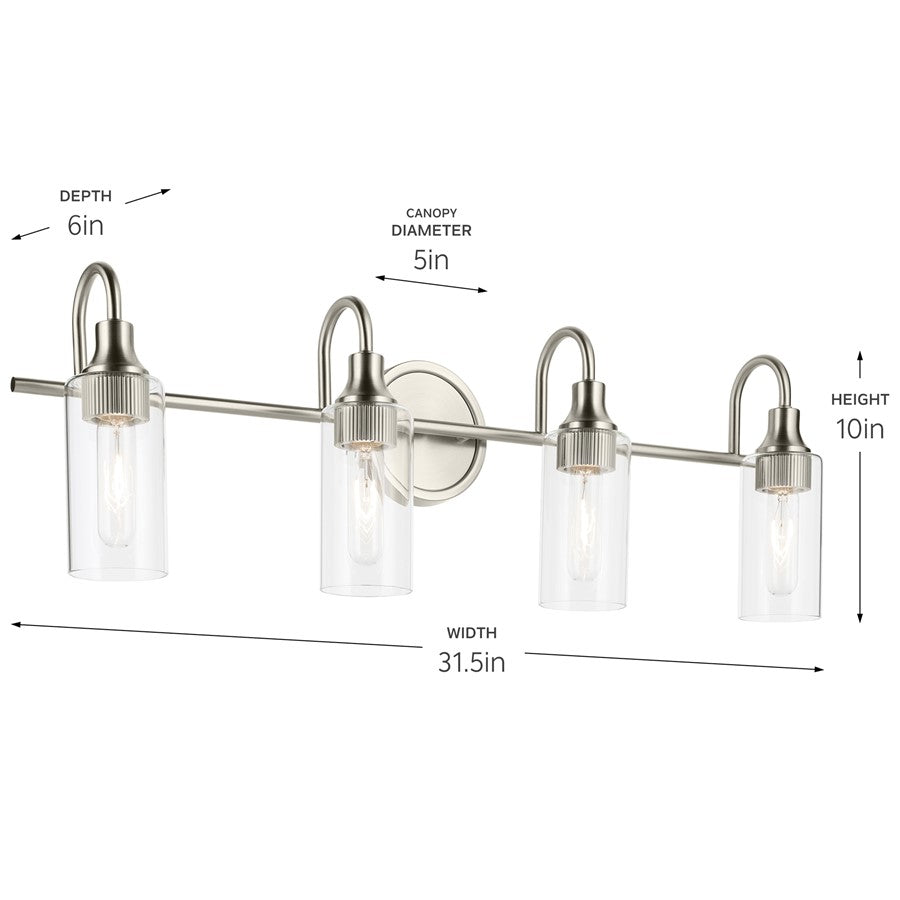 Kichler Kavi 31.5in Wide 4-Light Bathroom Vanity Light | Brushed Nickel Steel & Clear Glass | Modern Bath Vanity Lighting | 4 x T10 Bulbs | Model 55212NI