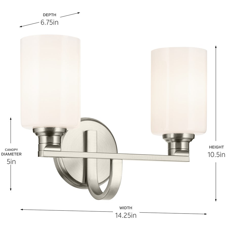 Kichler Gioe 2-Light Bath Vanity Light | Modern Brushed Nickel & Opal Glass | Bathroom Vanity Mirror Lighting | 14.25W x 10.5H, 2 A19 Bulbs | Model 55225NI