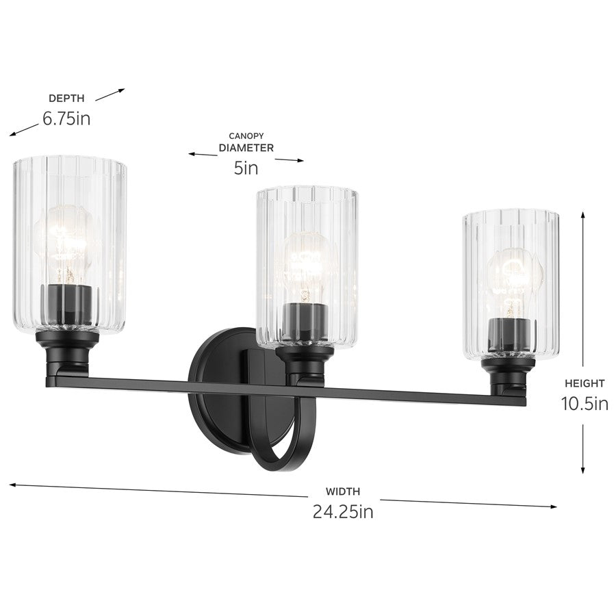Kichler Gioe 24.25in 3-Light Bath Vanity Light | Modern Black Steel & Clear Fluted Glass | Bathroom Vanity & Mirror Lighting | Model 55226BKFLU