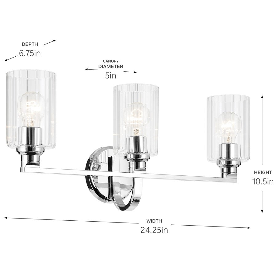 Kichler Gioe 3 Light 24" Wall Mt Bath 3 Arm, Chrome/Clear Fluted