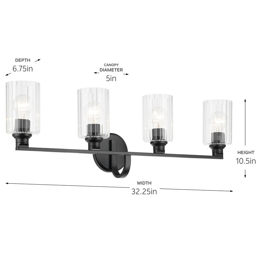 Kichler Gioe 32in Wide 4-Light Vanity Light | Modern Black Steel & Clear Fluted Glass | Bathroom Vanity Light | (4) Bulbs 60W | Model 55227BKFLU