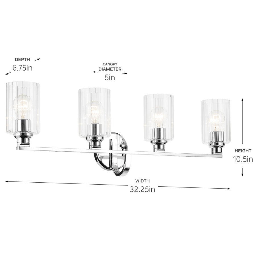 Kichler Gioe 32in Wide 4-Light Vanity Light | Modern Chrome & Clear Fluted Glass | Bathroom Vanity & Dressing Room | 480W Incandescent | Model 55227CHFLU