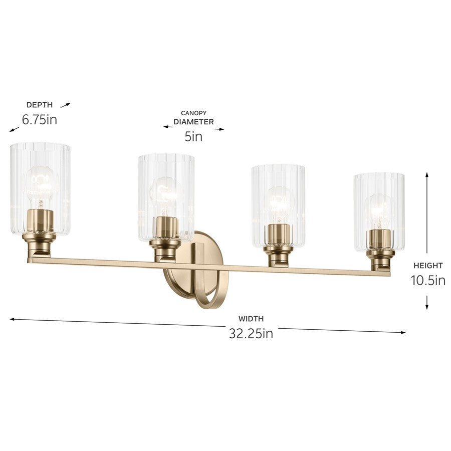 Kichler Gioe 4 Light Wall Mt Bath 4 Arm, Bronze/Clear Fluted