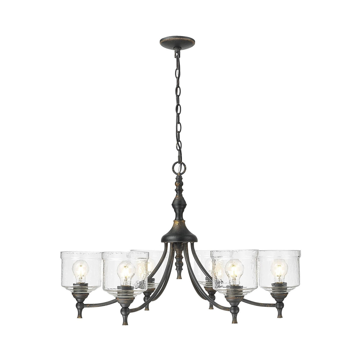 Golden Lighting Keating 33in 6-Light Chandelier | Farmhouse Antique Black Iron and Hammered Water Glass | Dining Room & Foyer | Model 0806-6 ABI-HWG