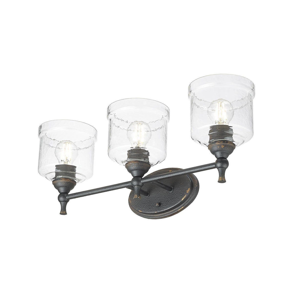 Golden Lighting Keating 24in 3-Light Vanity Light | Country Farmhouse Antique Black Iron and Hammered Water Glass | Bathroom | Model 0806-BA3 ABI-HWG