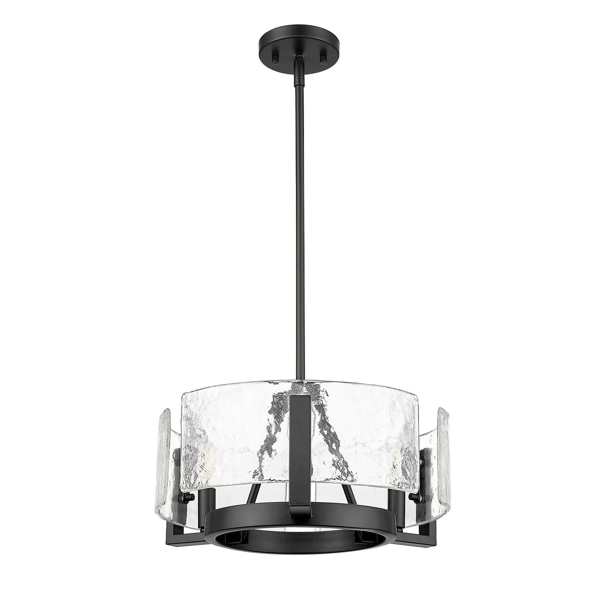 Golden Lighting Aenon 16.5in 3-Light Chandelier | Rustic Matte Black and Clear Hammered Water Glass | Dining Room & Foyer | Model 3164-3 BLK-HWG