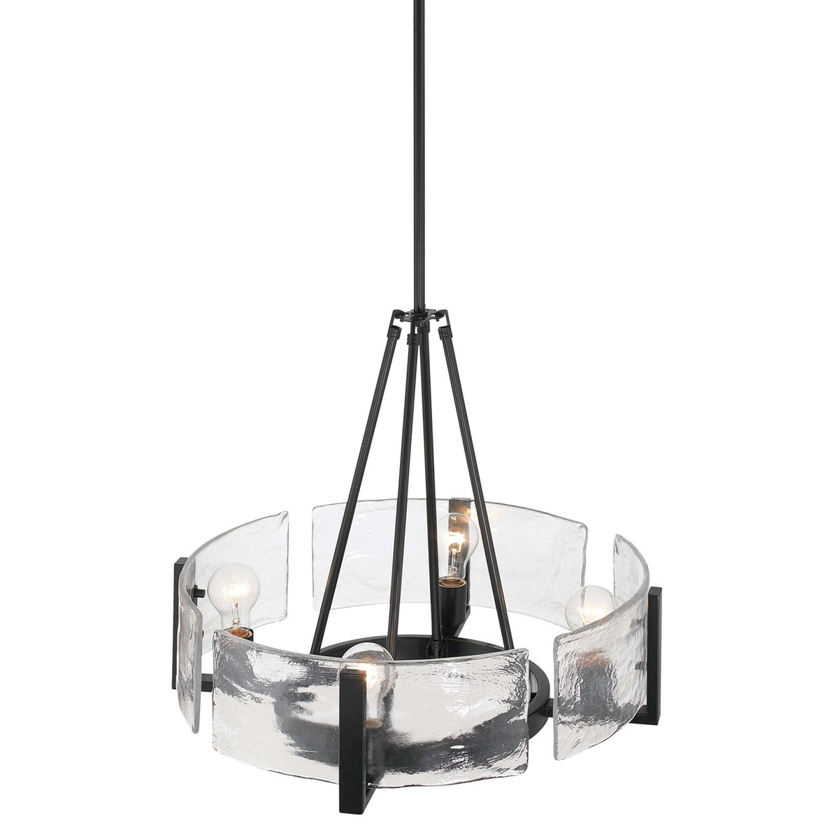 Golden Lighting Aenon 22in 4-Light Chandelier | Rustic Matte Black and Hammered Water Glass | Dining Room & Foyer | Model 3164-4 BLK-HWG