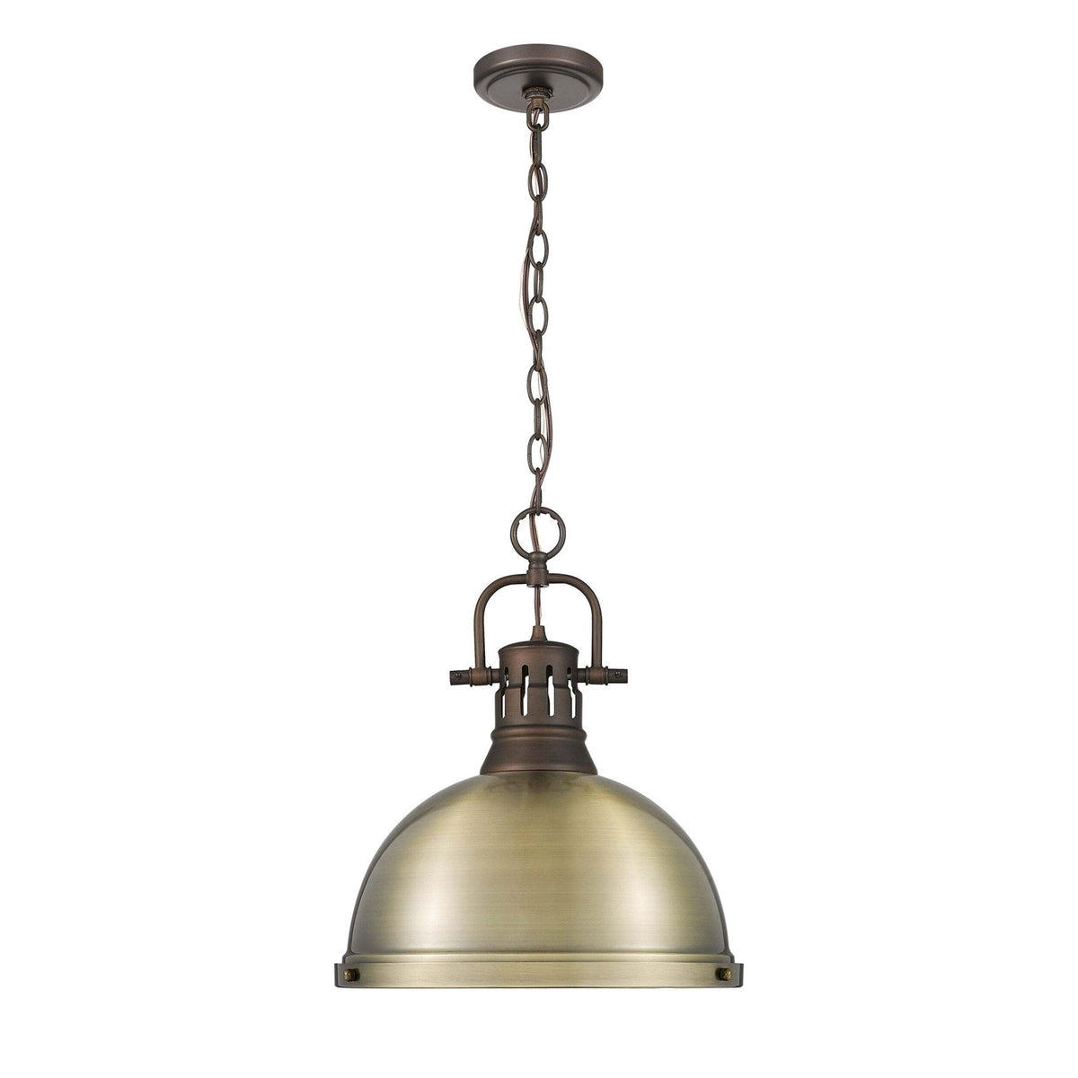 Golden Lighting Duncan 14in 1-Light Pendant | Country Farmhouse Rubbed Bronze and Aged Brass Steel | Kitchen & Dining Room | Model 3602-L RBZ-AB