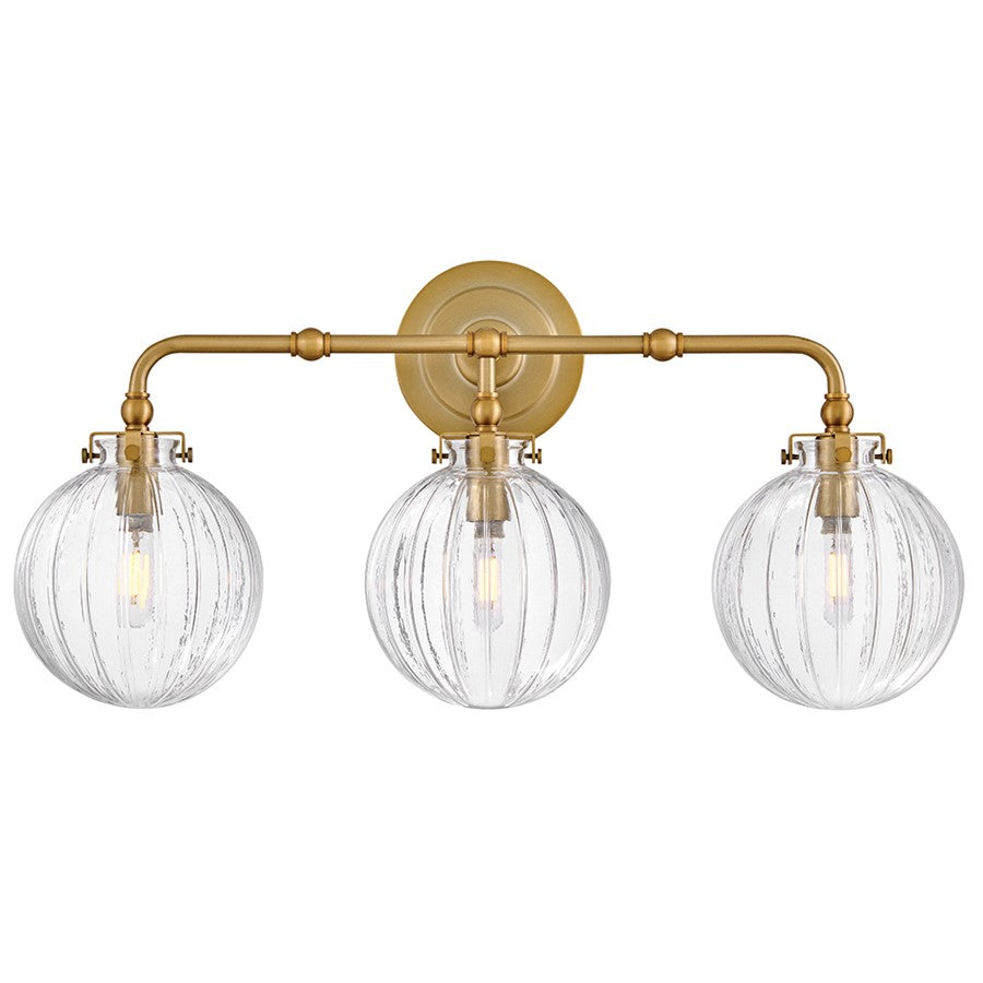 Hinkley Lighting Helene 3 Light Vanity, Lacquered Brass/Clear Ribbed - 57413LCB