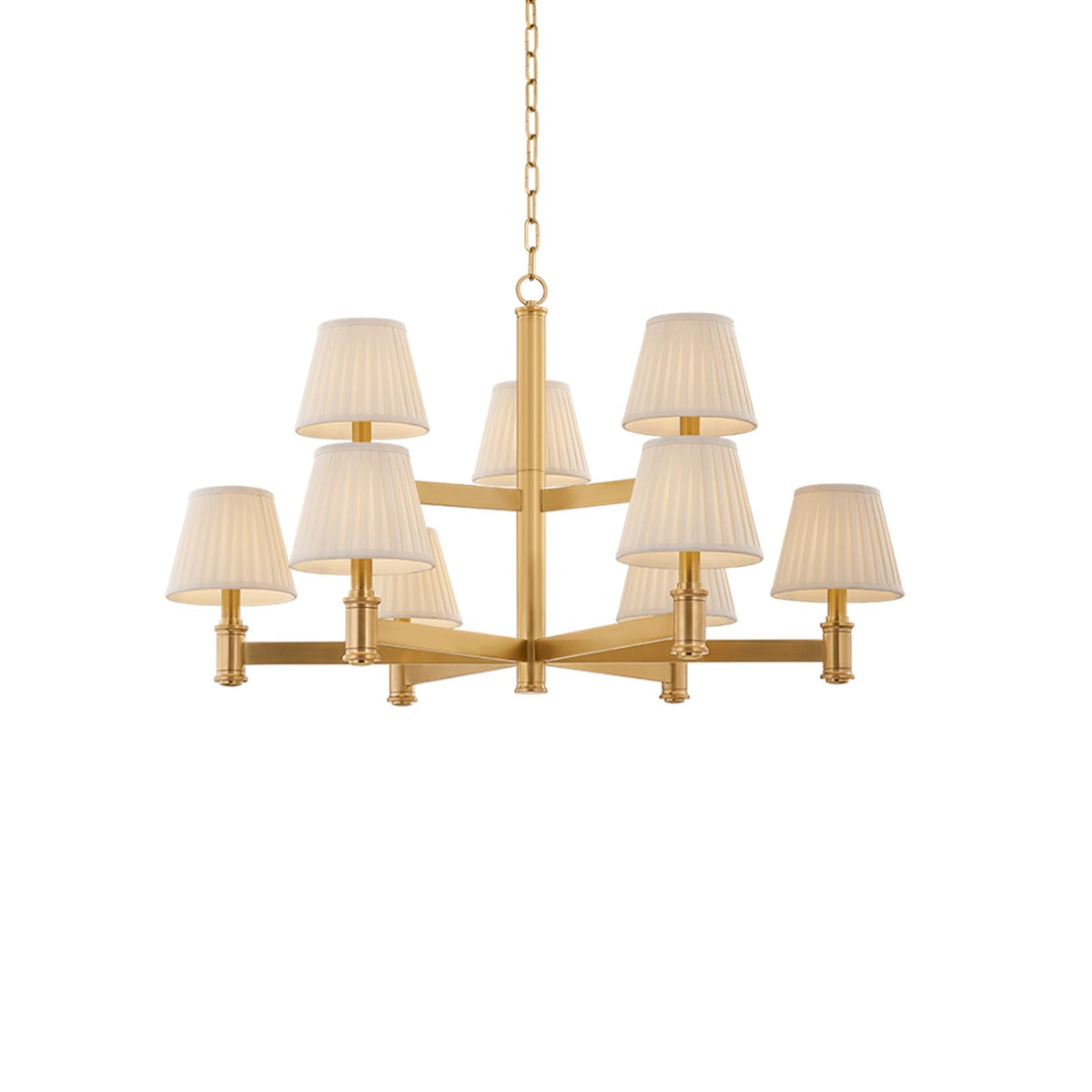 Hudson Valley Woodland Park 38in 9-Light Chandelier | Traditional Aged Brass and Cream Silk Pleated Shades | Dining Room & Foyer | Model 3538-AGB