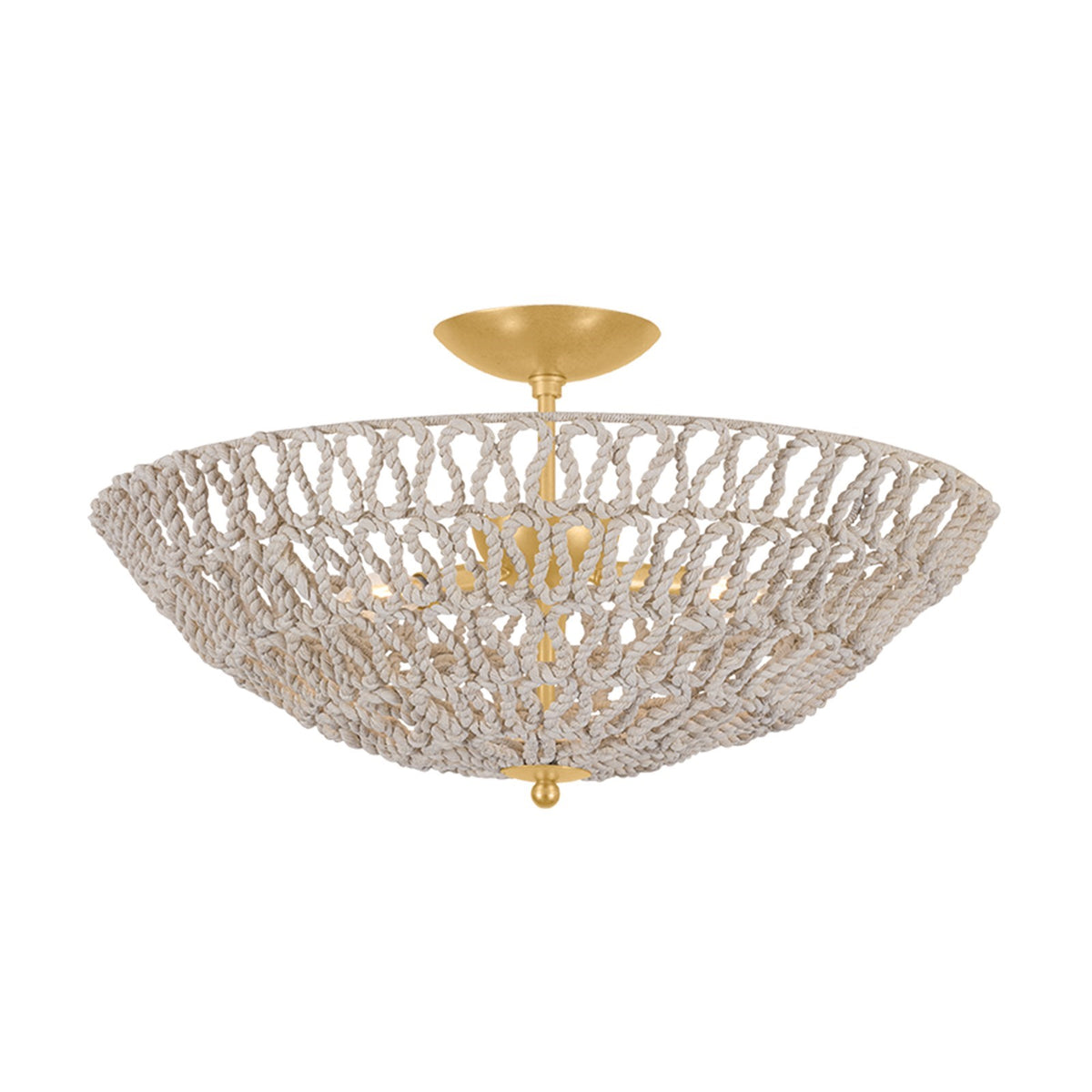 Hudson Valley Pleasant Plains 24in 3-Light Semi Flush | Coastal Vintage Gold Leaf and Natural Abaca Rope Woven | Bedroom & Hallway | Model 5425-VGL