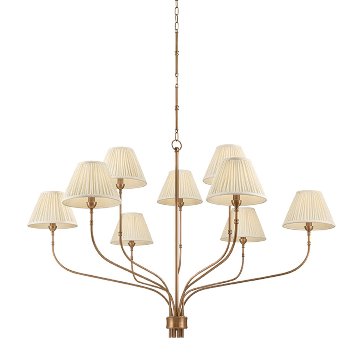 Hudson Valley Garnerville 54in 9-Light Chandelier | Traditional Patina Brass and Cream Linen | Dining Room & Foyer | Model 9349A-PBR