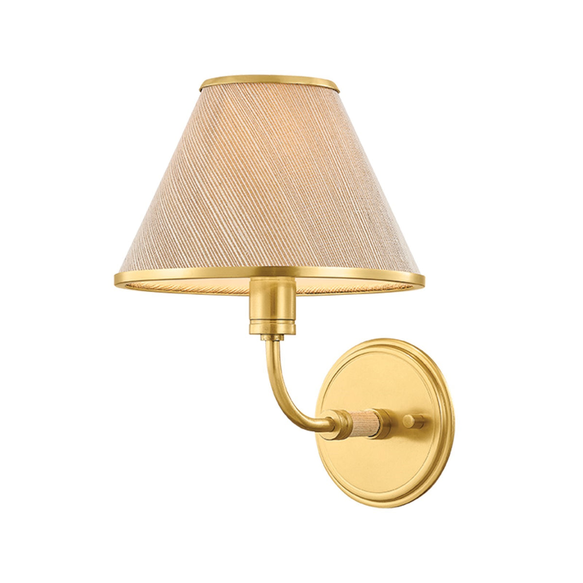 Hudson Valley Shore Road 8in 1-Light Wall Sconce | 1970s Aged Brass and Natural Grasscloth | Bedroom & Hallway Accent Light | Model 9831-AGB