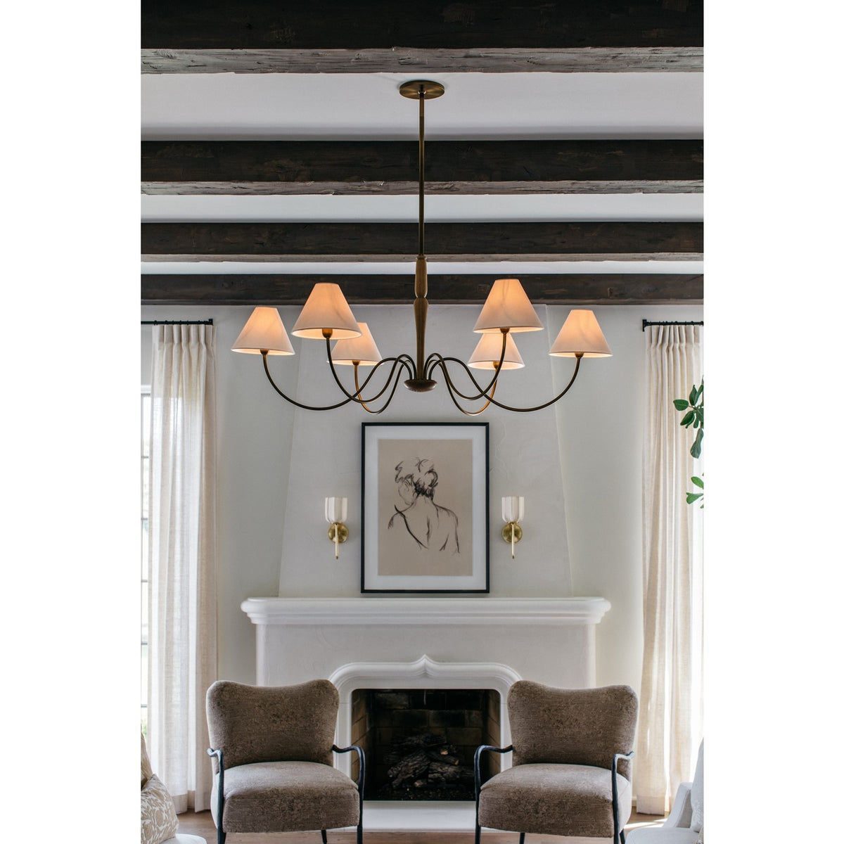 Mitzi Bennie 48in 6-Light Chandelier | Traditional Shaker Patina Brass and White Linen | Dining Room & Foyer | 48 x 20 in | Model H1163806-PBR