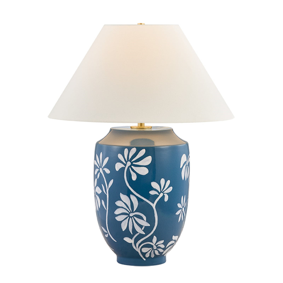 Hudson Valley Kent Falls Table Lamp | Aged Brass and Ceramic Floral Blue with White Linen Shade | Bedroom & Living Room | Model L2641-AGB-CFL