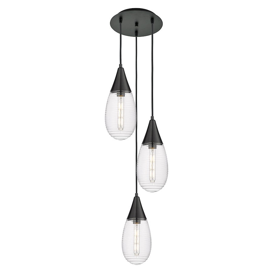 Innovations Lighting Malone 14in 3-Light Pendant | Art Deco Matte Black and Striped Clear Glass | Kitchen Island | Model 113-450-1P-BK-G450-6SCL