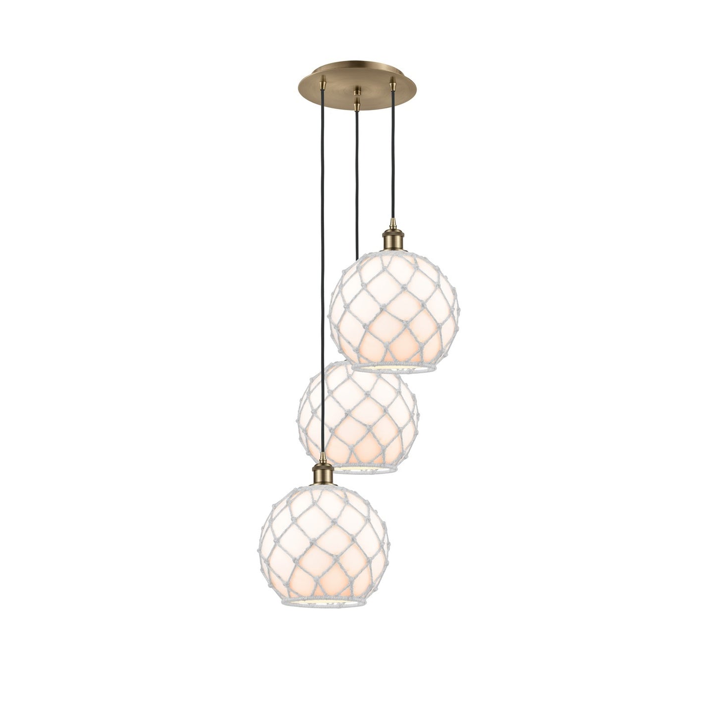 Innovations Farmhouse Rope 17in 3-Light Multi Pendant | Industrial Antique Brass Steel and White Glass with White Rope | Model 113B-3P-AB-G121-10RW