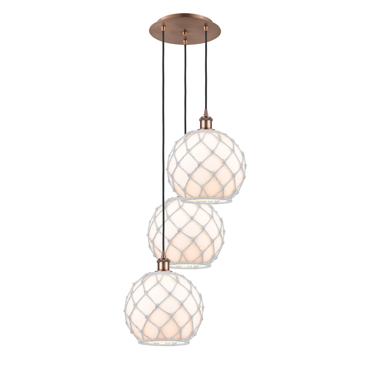 Innovations Farmhouse Rope 17in 3-Light Multi Pendant | Industrial Antique Copper Steel and White Glass with White Rope | Model 113B-3P-AC-G121-10RW