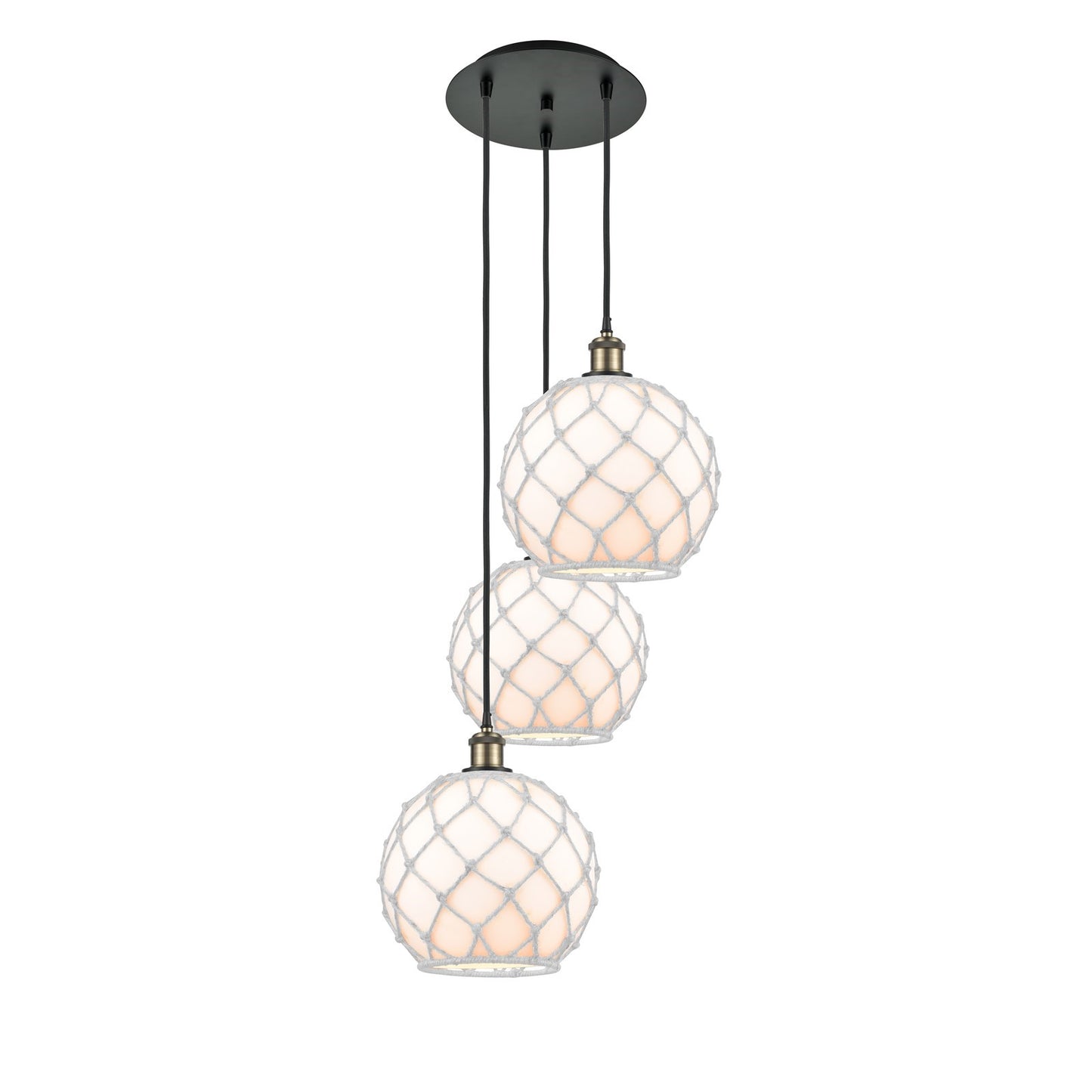 Innovations Farmhouse Rope 17in 3-Light Multi Pendant | Industrial Black Antique Brass Steel and White Glass with Rope | Model 113B-3P-BAB-G121-10RW