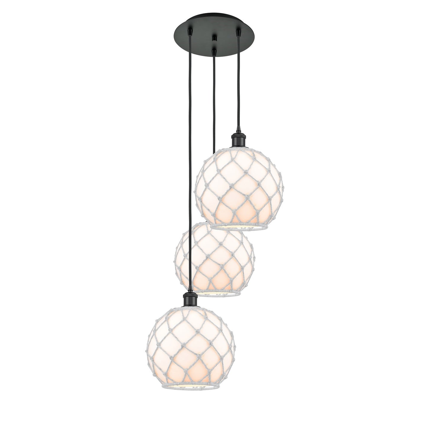 Innovations Farmhouse Rope 17in 3-Light Multi Pendant | Industrial Matte Black Steel and White Glass with White Rope | Model 113B-3P-BK-G121-10RW