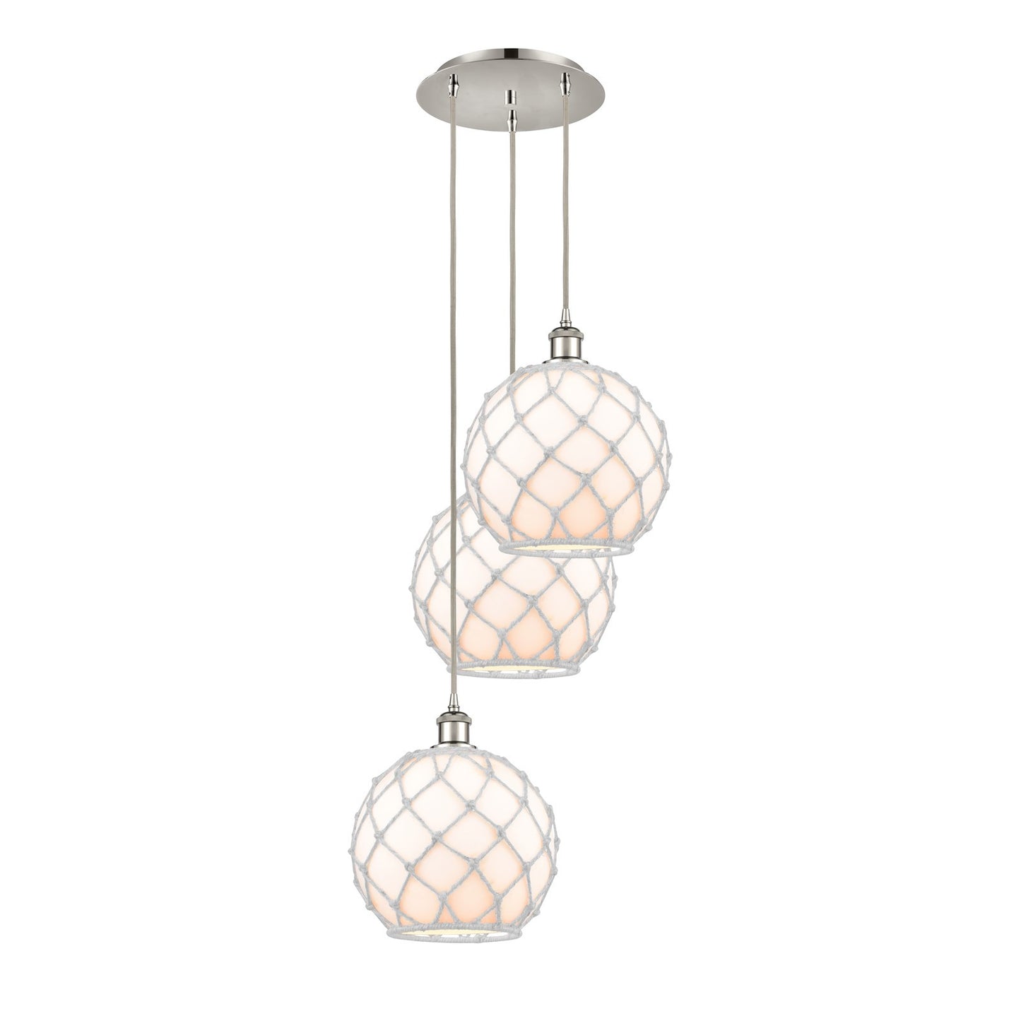 Innovations Farmhouse Rope 17in 3-Light Multi Pendant | Industrial Polished Nickel and White Glass with White Rope | Kitchen | Model 113B-3P-PN-G121-10RW