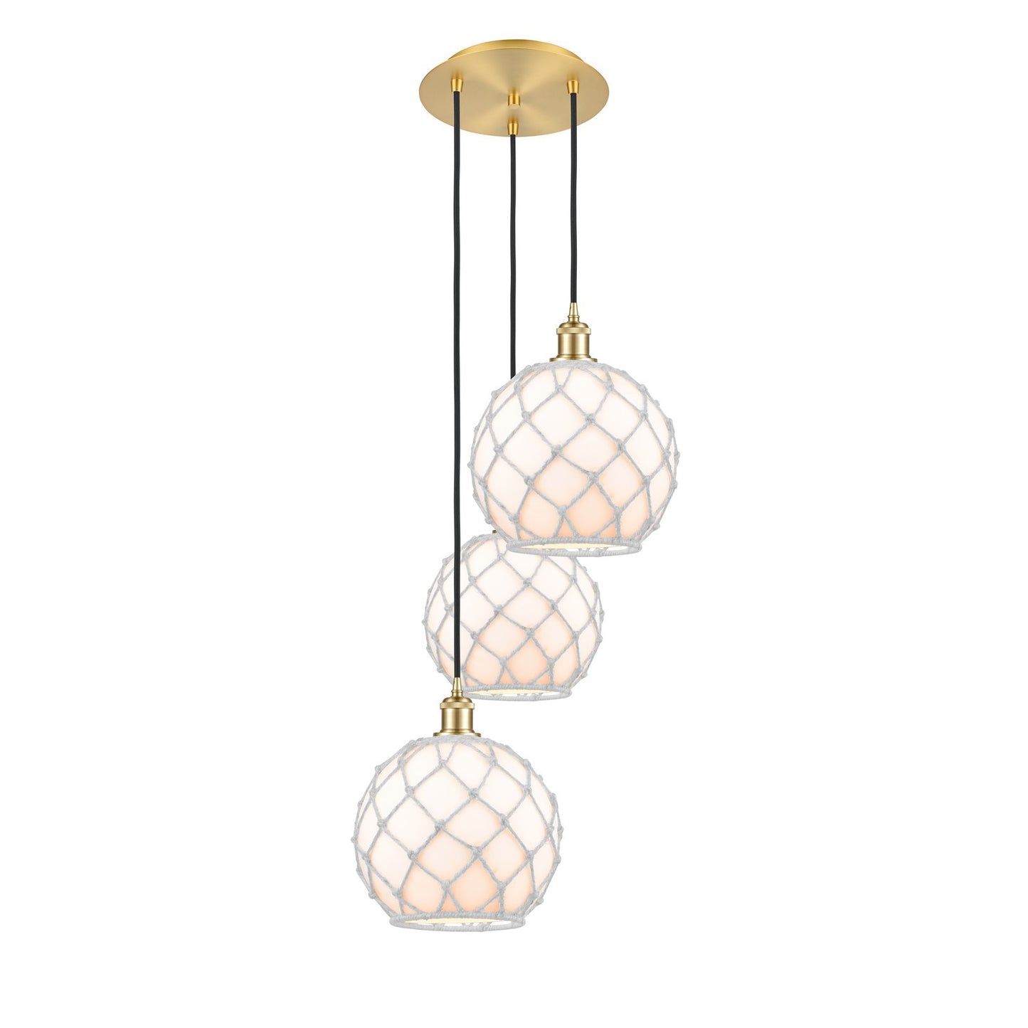 Innovations Ballston 17in 3-Light Multi Pendant | Industrial Satin Gold Steel and White Glass with Rope | Kitchen Island & | Model 113B-3P-SG-G121-10RW