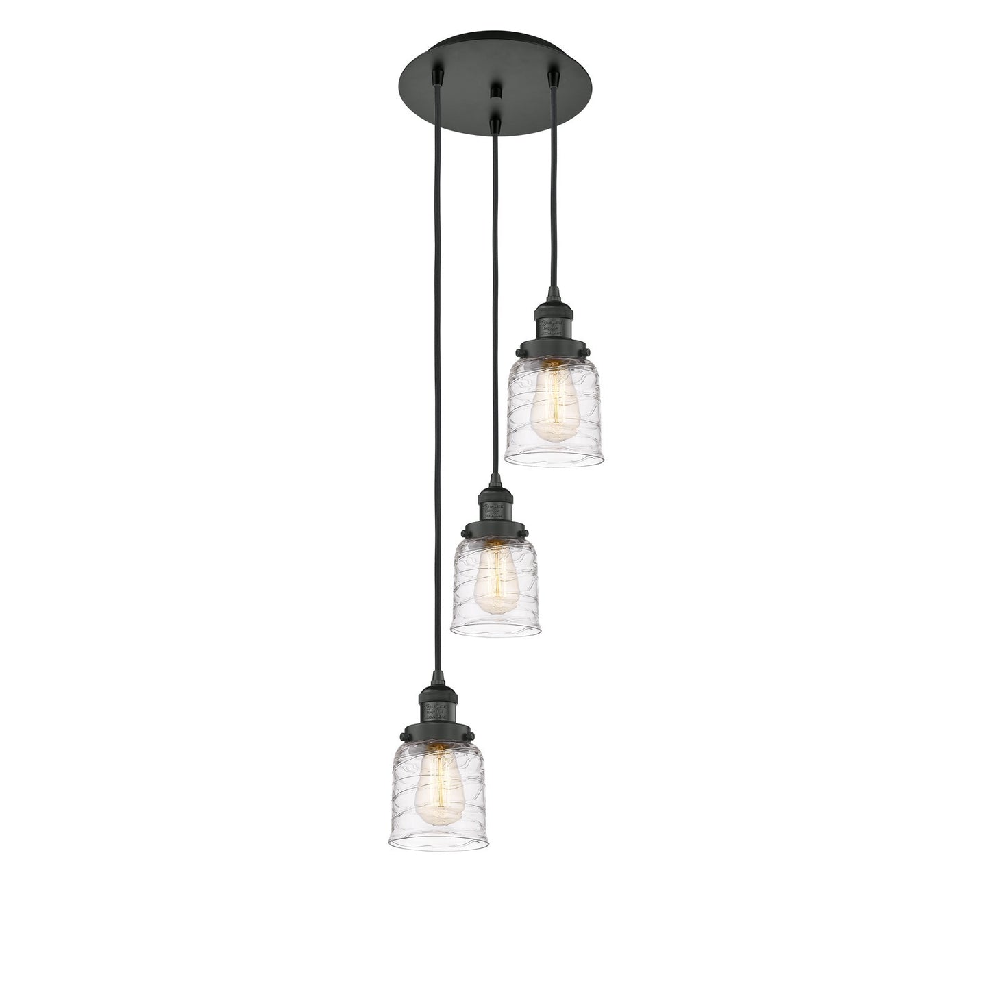 Innovations Bell 3-Light 12in Multi Pendant | Traditional Art Deco Matte Black Steel and Clear Deco Swirl Glass | Kitchen Island & | Model 113F-3P-BK-G513