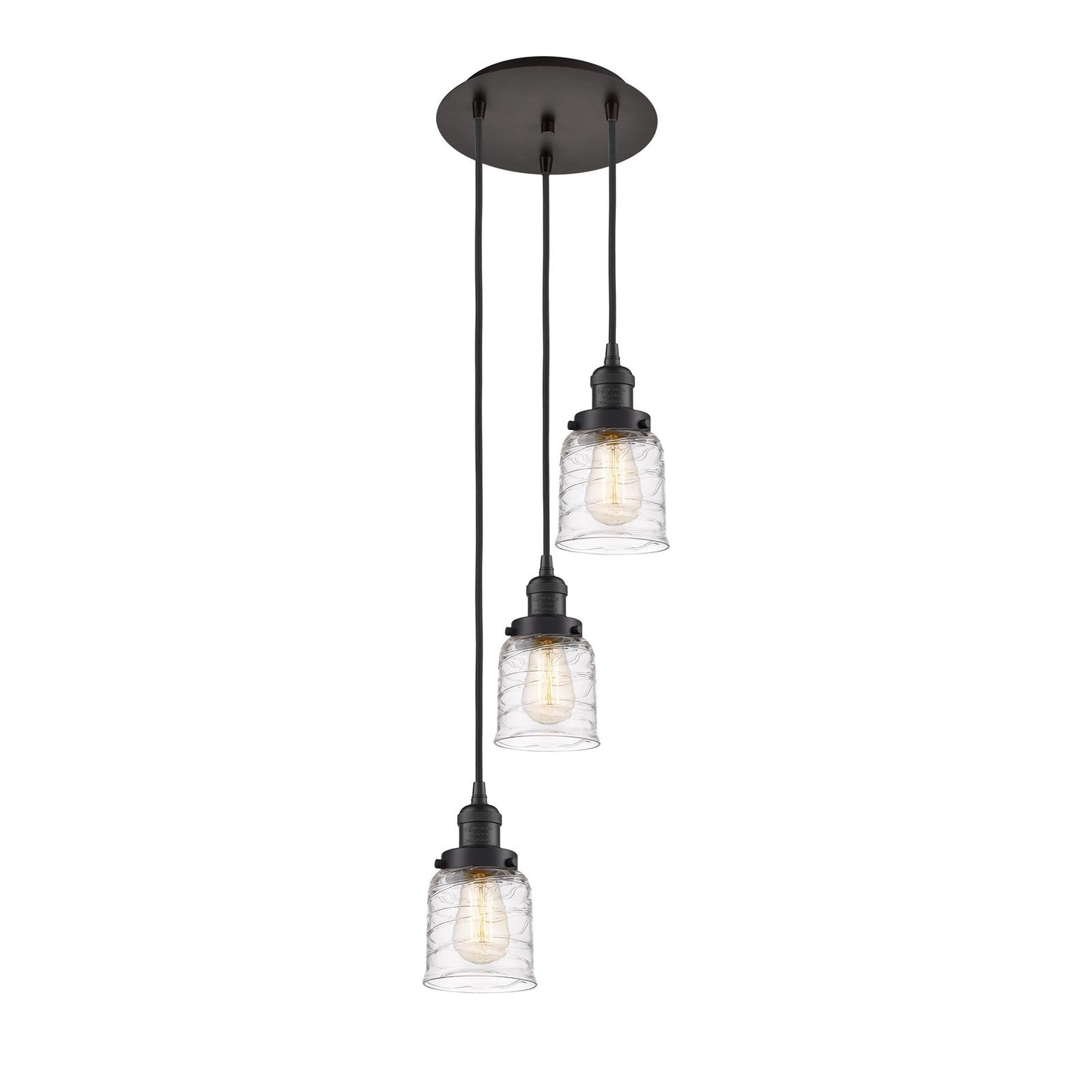 Innovations Bell 12in 3-Light Pendant | Traditional Oil Rubbed Bronze Steel and Clear Deco Swirl Glass | Kitchen Island & Dining | Model 113F-3P-OB-G513